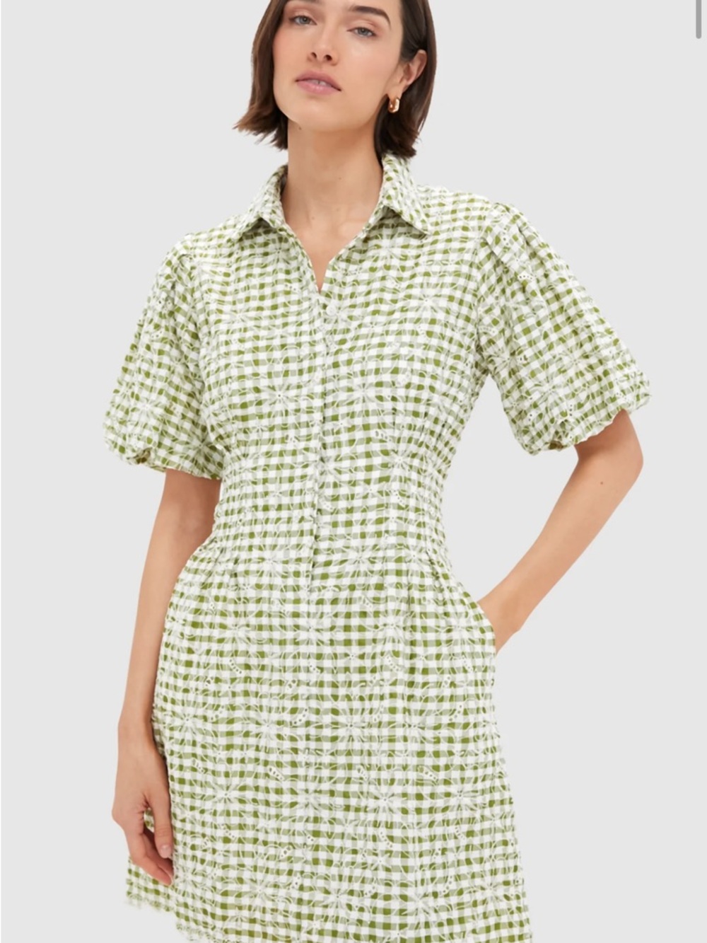 Tuckernuck Green and White Gingham Puff-Sleeve Mini Dress